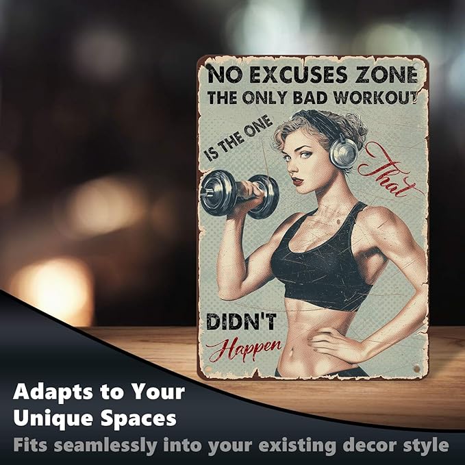 Vintage No Excuses Zone Metal Sign Retro Girl Lifting Dumbbells Fitness Tin Sign Nostalgic Art for Home Gym Personal Studio Wall Decor Living Room Garage Cafe Bar 16 * 12 In