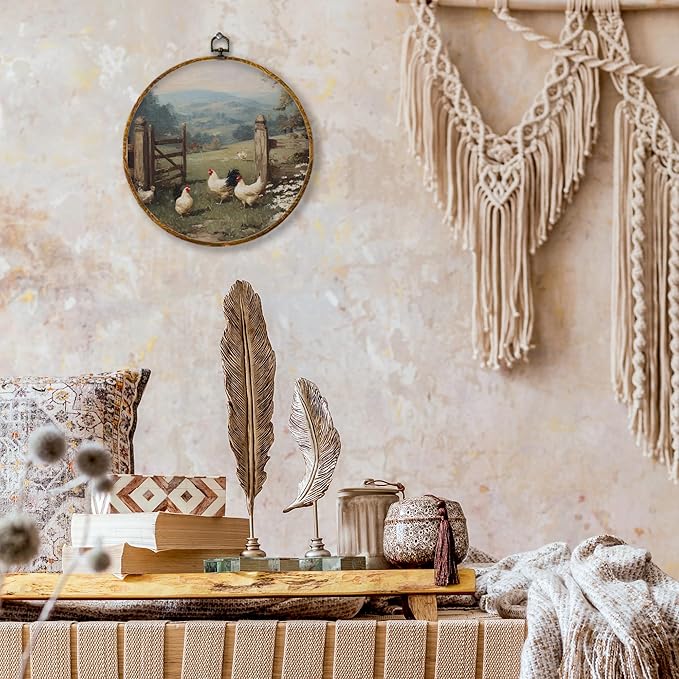 shiviody Vintage Farmhouse Chicken Canvas Wall Art Decor, Rustic Cottagecore Countryside Chicken Farm Animals Landscape Round Hanging Frame Prints Decorations for Home Bedroom Living Room 10"x10"