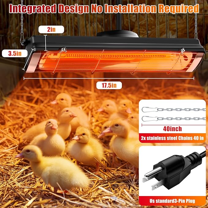 17.5 Inch Extra Long Heat Lamp for Chickens, 300W Carbon Fiber Chicken Coop Heater for Winter, Adjustable Temp & Height Chicken Heat Lamp for Poultry Dog Cat, No Installation & Long-Lasting 10000H