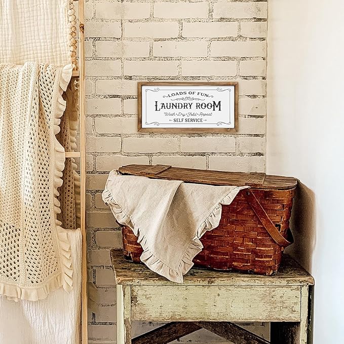 Laundry Room Sign - Vintage Rustic Wooden Wall Decor, Farmhouse Laundry Room Decor with “Loads of Fun” Quote, 16x8 Inches