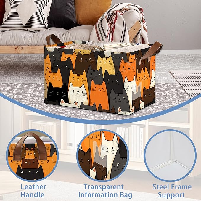 Funny Cat Storage Baskets,Foldable Organizer Bin with Handles for Home Living Room Bedroom Closet Box 17x11.5x10Inch
