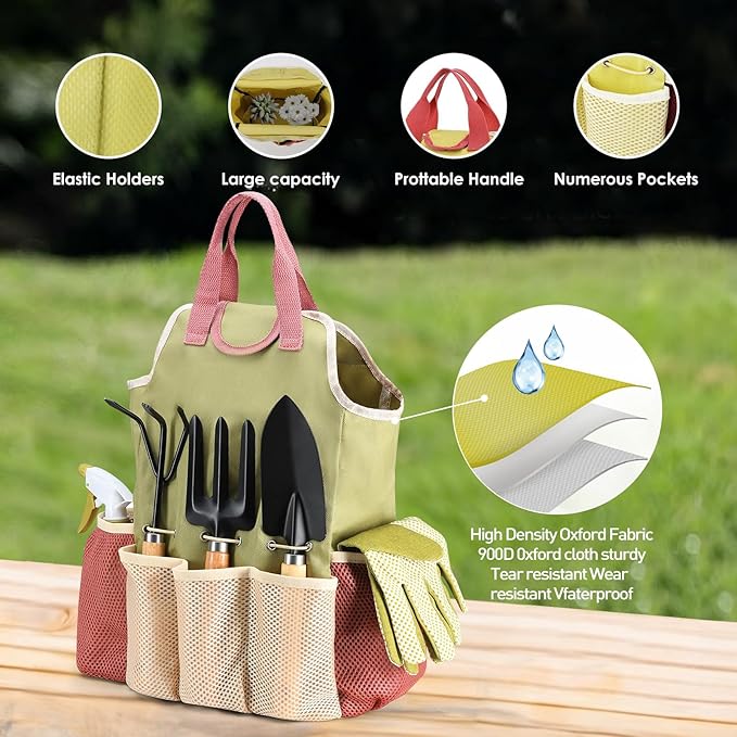 APSARAS USA Gardening Tools, Garden Tool Set, 10 Pieces Heavy Duty Sturdy Steel Gardening Tool Set with 600D Oxford Cloth Storage Tote Bag, Durable Supplies Kit Perfect Garden Gifts for Father