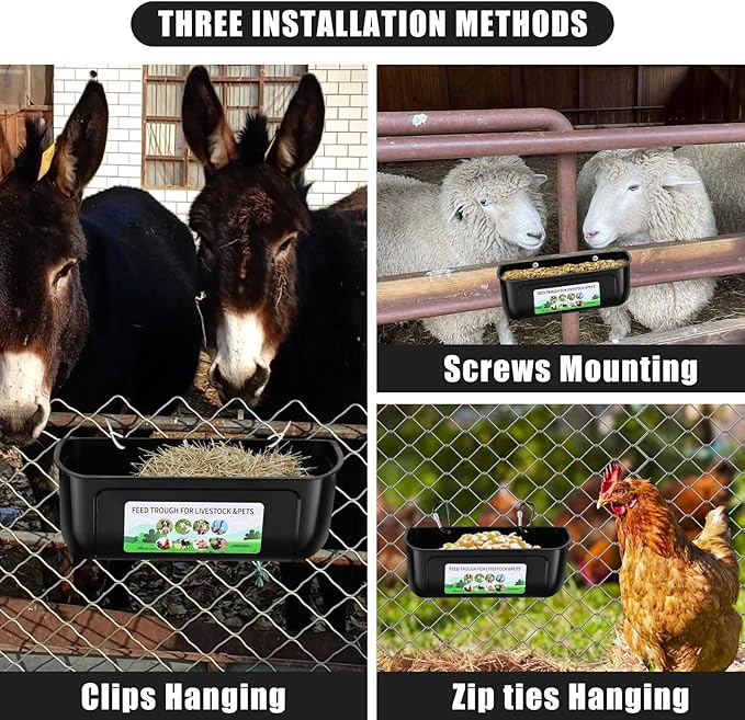 Chicken Feeder Waterer, 3 Pack Duck Feeder Supplies, Hanging Fence Feed Trough with Clips for Goat, Sheeple, Piglet, Gooses, Turkeys, Dog Livestock Poultry, Black