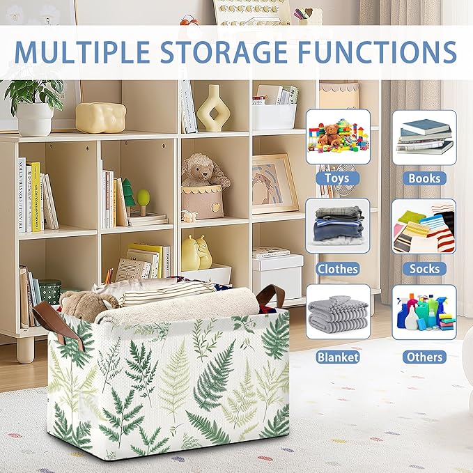 Fern Herbs Storage Baskets,Botanical Leaf Foldable Organizer Bin with Handles for Home Living Room Bedroom Closet Box 17x11.5x10Inch