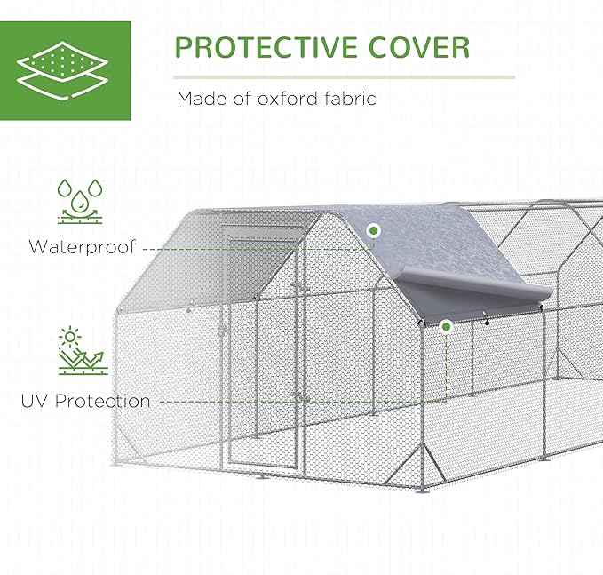 PawHut Large Chicken Coop Metal Chicken Run with Waterproof and Anti-UV Cover, Flat Shaped Walk in Fence Cage Hen House for Outdoor and Yard Farm Use, 1" Tube Diameter, 9.2' x 24.9' x 6.4'