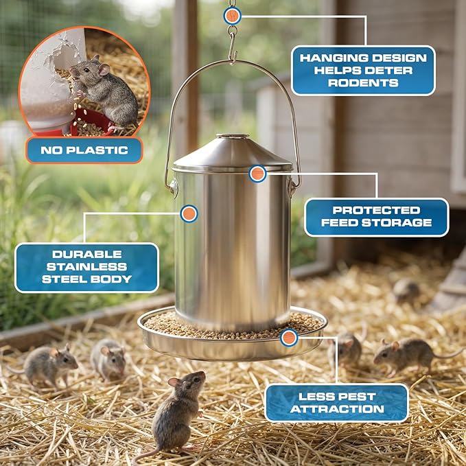 Plexon 6.6 Lb Hanging Chicken Feeder no Waste Food-Grade Stainless Steel - Turkey Duck Poultry Feeder for Chicken Metal - Heavy Duty Reliable Long-Lasting with Handle