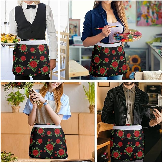 Server Apron with 3 Pockets Waist Waiter Waitress Half Apron Short Aprons