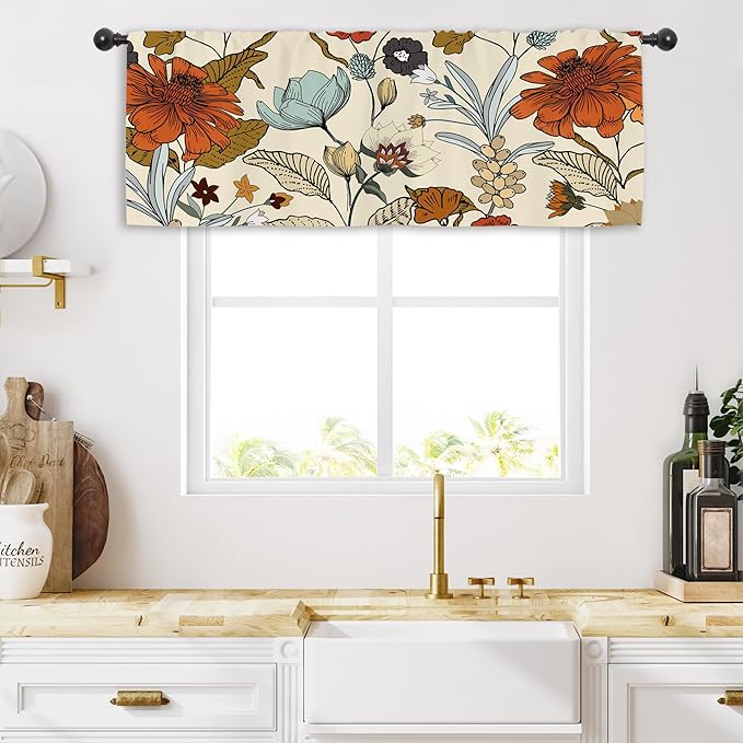 Miyotaa Vintage Flower Kitchen Curtain Valance 54W x 18H Rod Pocket Retro Burnt Orange Blossom Botanical Autumn Fall Window Treatment for Living Room Bedroom Bathroom