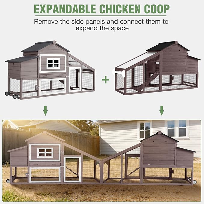 Mobile Chicken Coop with Run Large Hen House with Wheels Chicken House Poultry Cage with Nesting Box, Pull-Out Tray, Waterproof Roof for 3-5 Chickens (Brown, 72.3" L x 26" W x 39.4" H)