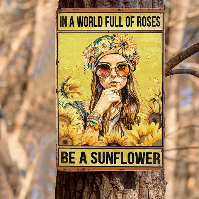 Sunflower Vintage Metal Poster Sign Hippie Room Decor-in A World Full of Roses Be A Sunflower Retro Aluminum Metal Tin Sign for Home Wall Decor, Garden, Bedroom, Signs Gift, 12''x 8''