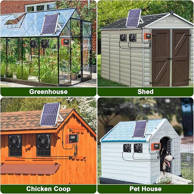Lewisia 10W Solar Powered Fan with Timer & Temperature Control IPX5 Weatherproof Dual Fan Solar Exhaust Intake Cooling Ventilation for Chicken Coop Greenhouse Shed Pet House Garage
