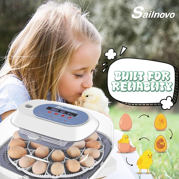 Sailnovo 24 Egg Incubators for Hatching Eggs, 4 Modes Egg Incubator with Automatic Egg Turning and Humidity Display, Egg Candler - 360° View with Clear Window Incubators for Hatching Chicks, Blue