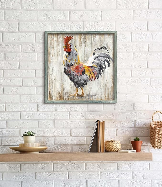 Farm Wall Art Wooden Decor: Rooster Framed Print Rustic Farmhouse Animal Artwork Picture Country Chicken Print Painting for Kitchen Bathroom Living Room 16 x 16 Inches
