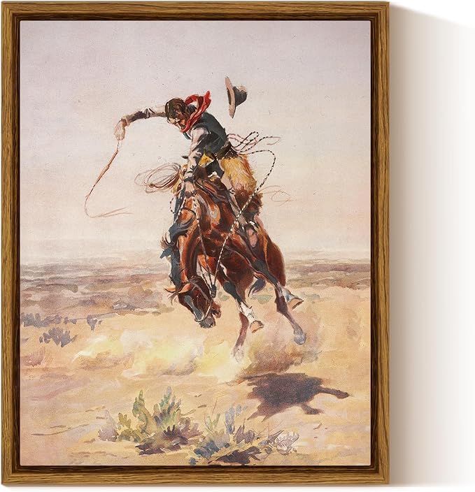InSimSea Framed Canvas Wall Art Western Cowboy Decor Rustic Vintage Cowboy Oil Paintings Horse Riders of Mid-Century Art Prints Ranch Lunar Landscape Wall Pictures Antique Wall Decor Aesthetic Posters