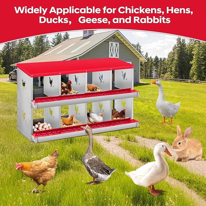 Nesting Boxes for Chickens, 8 Compartments, Nesting Boxes with 4 Dummy Eggs and 10 Dampproof Pets Mats, Red, Stainless Steel, Wall-Mountable & Roll Away Design