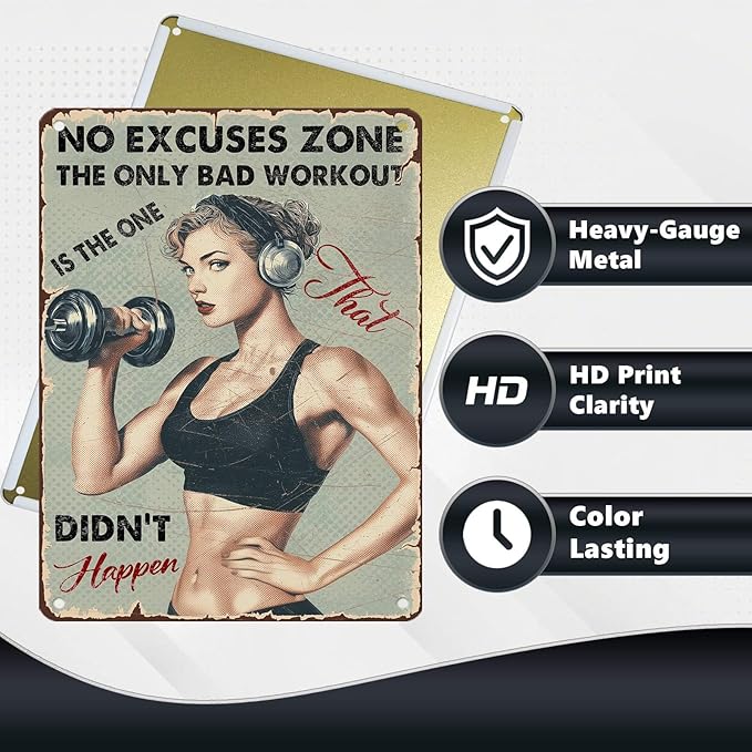 Vintage No Excuses Zone Metal Sign Retro Girl Lifting Dumbbells Fitness Tin Sign Nostalgic Art for Home Gym Personal Studio Wall Decor Living Room Garage Cafe Bar 16 * 12 In