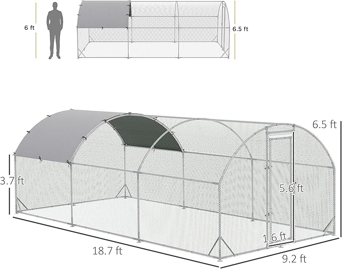 PawHut Large Chicken Coop Metal Chicken Run with Waterproof and Anti-UV Cover, Dome Shaped Walk in Fence Cage Hen House for Outdoor and Yard Farm Use, 1" Tube Diameter, 9.2' x 18.7' x 6.5'
