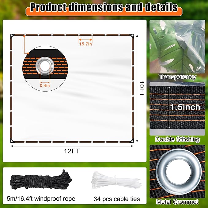 ZYP 10x12 FT Heavy Duty Clear Waterproof Tarps Outdoor Garden Rainproof Covering,Clear Vinyl Tarp with Grommets,Transparent Waterproof Tarpaulin for Covering Henhouse Porch Canopy Plant Camping