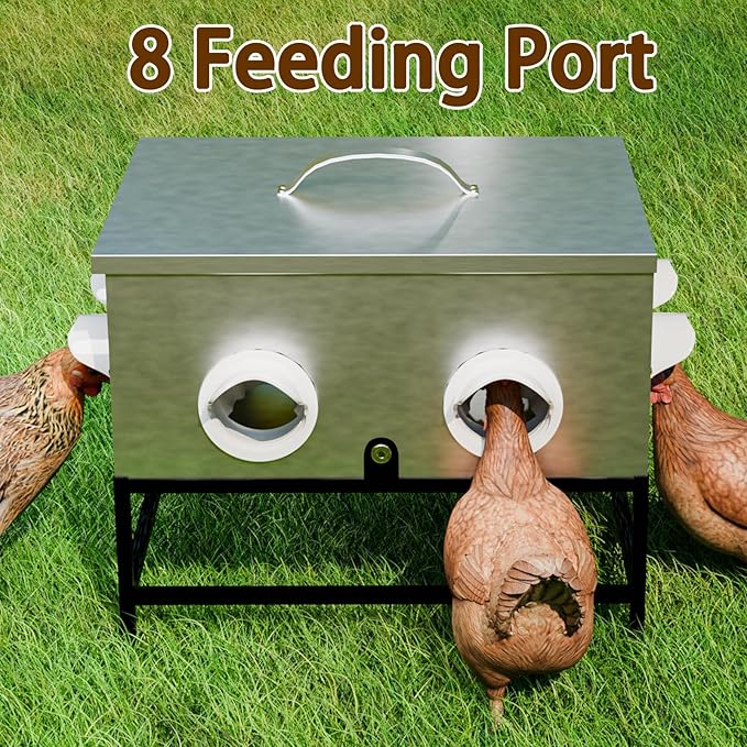 Automatic Chicken Feeder No Waste, 35lb 8 Ports Large Galvanized Metal Chicken Feeders Rodent Proof with Locking Lid and Upgraded Stands for Hen Coop