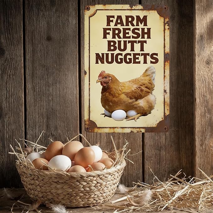 Funny Chicken Metal Sign Outdoor, Aluminum Farmhouse Wall Decor for Coop Door or Yard Area, Fluffy Humor Country Living Style, Rustic 8x12 Inch Gift