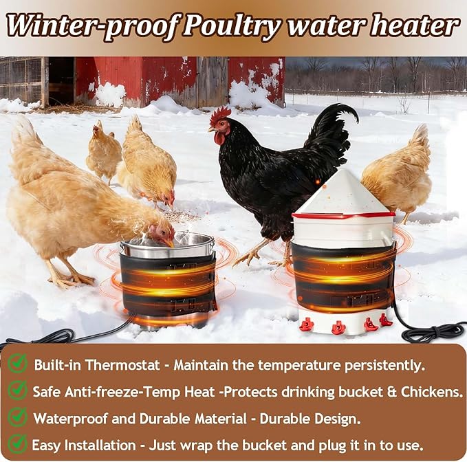 7" W×30" L Chicken Water Heater Belt Strap, Energy Saving Heated Poultry Coop Waterer Warmer with 6ft Cable for Prevent 2-5 Gal Bucket Freeze in Extremely Cold Winter,Auto Temp Control& Easy Install