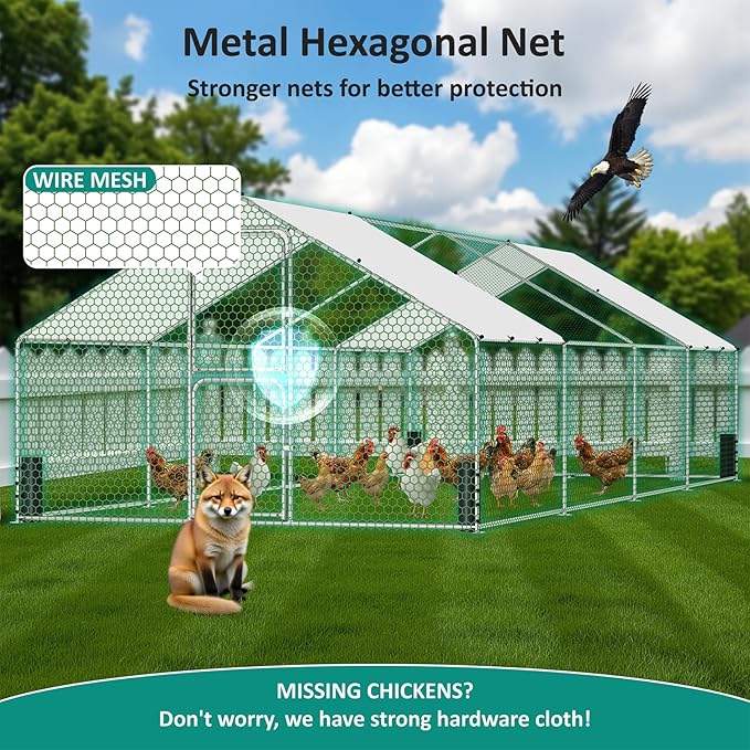 Large Metal Chicken Coop, Walk-in Chicken Run with Feeding Door, Security Lock and Cover, Outdoor Duck/Rabbit Cage Poultry Pen for Backyard, Farm, Yard (Silver - Spire Roof, 26.2 x 9.8 x 6.5 FT)