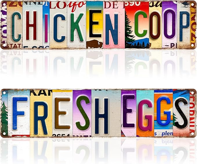 2Pcs Funny Chicken Coop Signs Chickens Sign Decor 4×16 Inch, Metal Tin Sign, Chickens Coops Accessories Garden Signs, Chicken Lovers Gift Easter Decorations Outdoor Wall Decor for Farm Yard