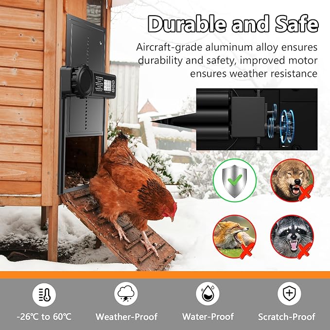 Automatic Chicken Coop Door, Battery Powered Chicken Door with Display Screen, Timer Function, Anti-Pinch Safety Design, Aluminum Alloy Auto Coop Door for Chickens