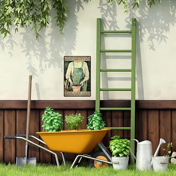 Vintage Gardening Tin Sign Metal Wall Decor Rustic Farmhouse Theme You Get Old When Stop Gardening Saying 8x12inch