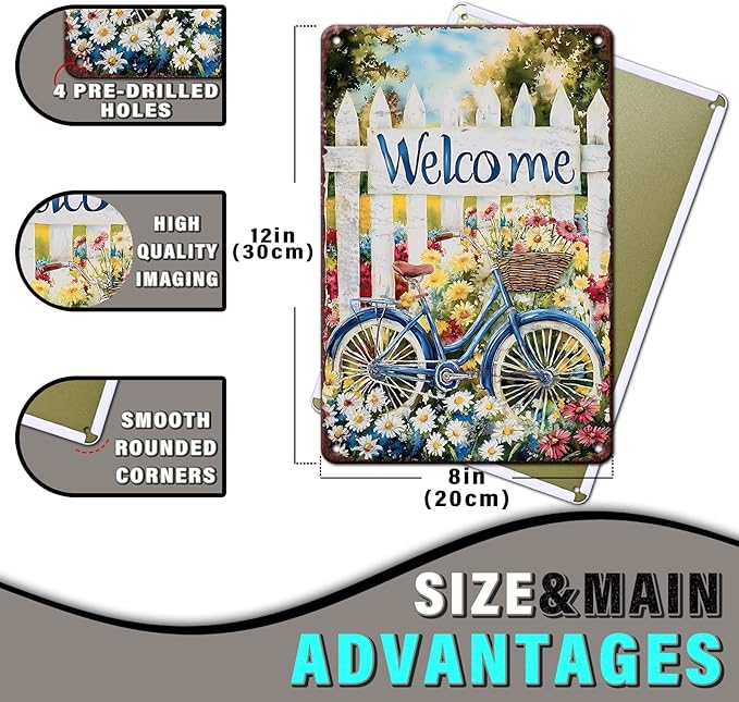 Spring Garden Vintage Tin Sign Bike Welcome Gardening Metal Sign for Home Garden Greenhouse Living Room Bedroom Outdoor Decor 8x12inch