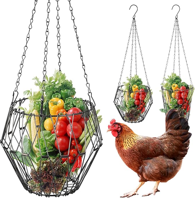 2 Pcs Hanging Chicken Feeder, Foldable Chicken Vegetable Fruits Feeder, Poultry Feeding Holder Basket with Hanging Chain, Veggie Treat Ball for Chicken Coop Accessories