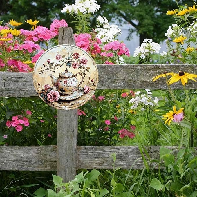 Tea Round Metal Tin Sign Wreath Vintage Farmhouse Rustic Wall Art Decor for Kitchen Porch Garden Yard Outdoor Decor 12x12inch