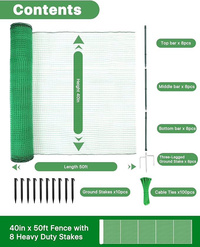 Temporary Fence with Metal Posts, 40" Hx50'L Garden Fence Animal Barrier with Ground Spikes, Plastic Fencing for Outdoor Dogs, Chicken, for Backyard, Patio, Garden