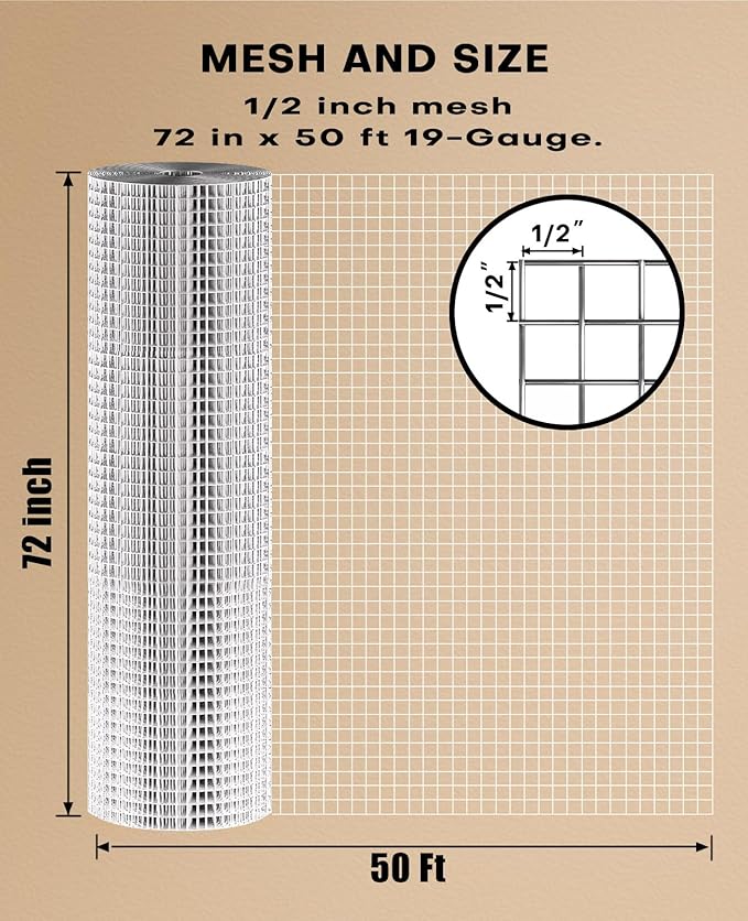 Hardware Cloth 1/2 Inch 72 Inch x 50 Foot 19 Gauge, Hot-Dip Galvanized After Welding, Easy to Handle for Chicken Wire Mesh, Garden Fencing, Tree Guard, Flower Bed Protection