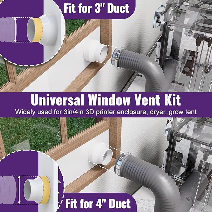 Mxclimate Window Vent Kit Fit with 3”/4” Ducting Hose for Sliding Windows,Adjustable Window Seal Kit for Duct Fans,3D Printer Enclosure,Dryer,Grow Tent