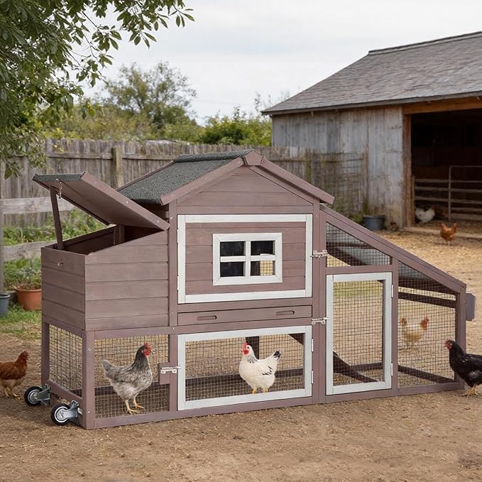 Aivituvin Chicken Coop with Run and Wheels, Mobile Outdoor Hen House Wooden Poultry Cage with Waterproof Roof (Brown, AIR23)