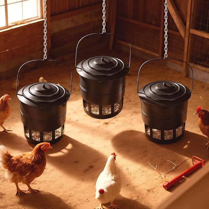 Metal Hanging Chicken Feeder No Waste, Rain-Proof Automatic Chicken Feeders, No-Spill Poultry Feeder, Rat Proof Gravity Chicken Feeder with 12 Ports for Farm & Backyard Chicken Coop