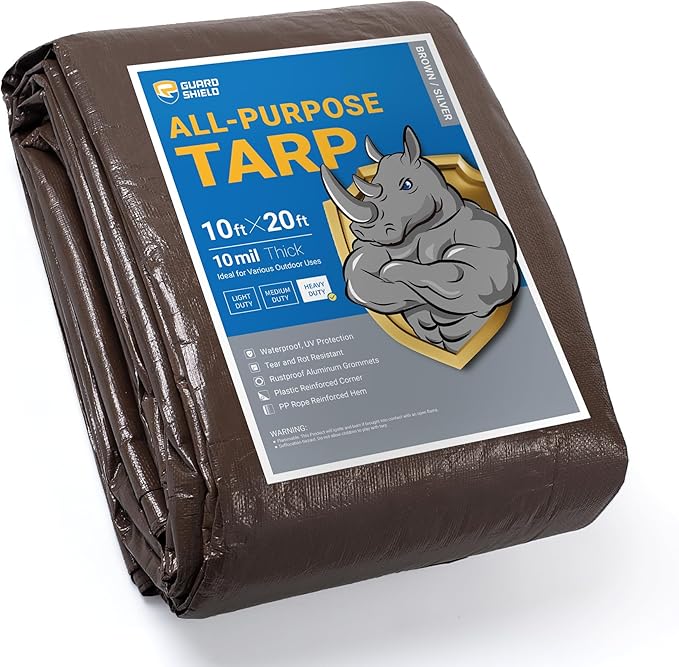 GUARD SHIELD Tarps Heavy Duty Waterproof 10x20 Feet Brown/Bright Silver Poly Tarp Cover Outdoor Thick UV Resistant Tarpaulin with Grommets 10mil