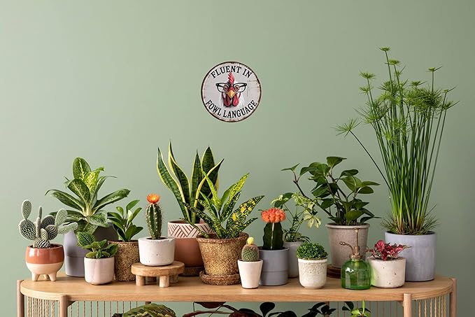 CSWLJS Vintage Round Chicken Coop Metal Tin Sign “Fluent in Fowl Language” – 8 × 8 in Wall Decor for Kitchen, Living Room, Gift