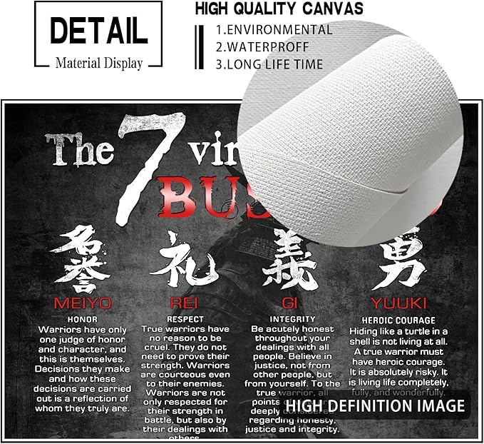 Japanese Samurai Wall Art 7 Virtues of Bushido Pictures Wall Decor Japanese Warrior Canvas Prints Poster Inspirational Framed Modern Painting Artwork Home Decorations for Bedroom Office Bathroom