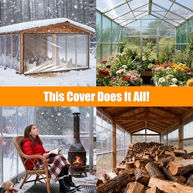 Chicken Coop Cover for Winter, Waterproof Durable Tarp with Elastic Cords Rope, Easy Install for Large Cages Walk-in Runs,Chicken Coop Plastic Wrap for Winter