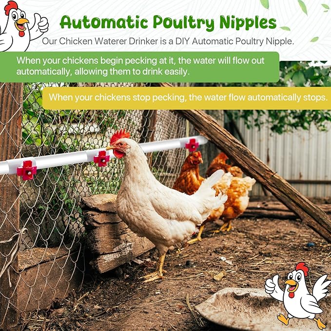 10 Pack Horizontal Side Mount Chicken Waterer Nipples, DIY Automatic Poultry Nipples, Non-Leak Chicken Waterer Drinker Kits with 1/2" PVC Tee Fittings, Organized&Clean Chicken Watering System