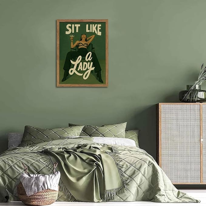 Framed Feminist Wall Art, Vintage Sit Like a Lady Green Wall Decor, Bold Girl Power Feminine Poster Print, Retro Empowering Female Canvas Painting Aesthetic for Bedroom Dorm 12x16 inch