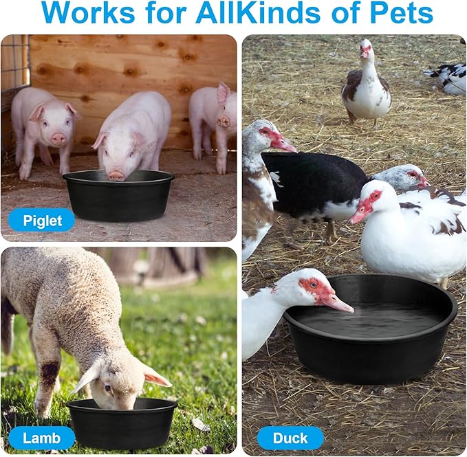 4 Pcs Rubber Feed Pan, 4 Quart 10.6 x 4.1 Inche Livestock Feeding Bucket, Dust Bath Container, Durable Utility Bowl for Horse Cats Dogs Chickens Ducks Goats Pigs and Farm Small Animal.
