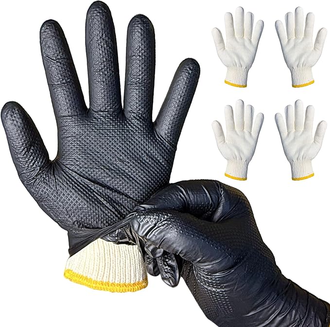 BBQ Gloves Disposable Heat Resistant - 4 Reusable Cotton Liners & 100 Nitrile Gloves for Barbecue Smoker, Grilling, Cooking Hot Meat, Food Prep - 10Mil, Non-Slip Grip, Black Large