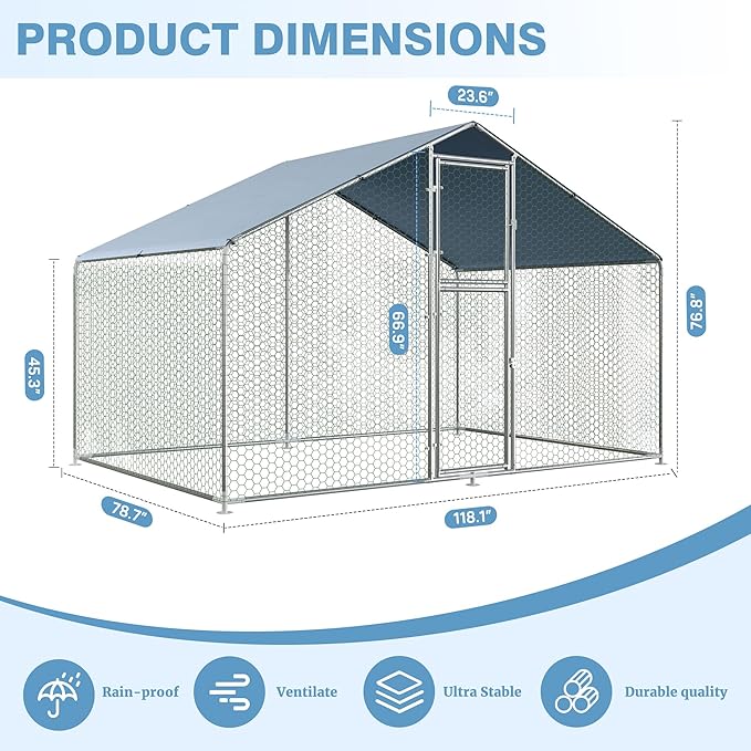 Polar Aurora Metal Chicken Coop, Large Outdoor Chicken Pen, Walk-in Chicken Run for 6-20 Chickens, Double Door Chicken House with Waterproof UV Protection Cover for Backyard (Spire-S)