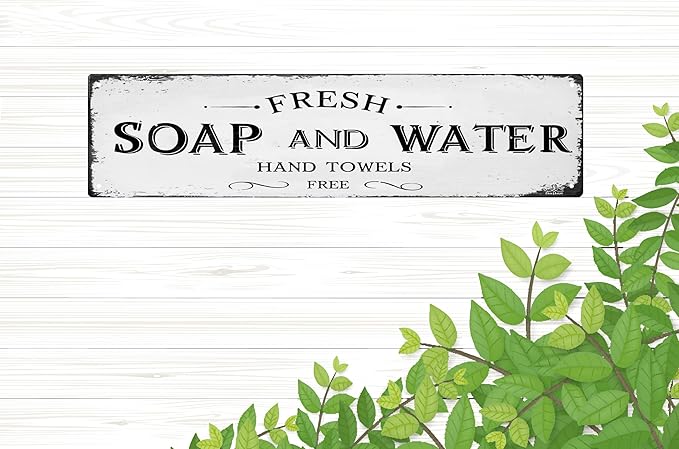 CSWLJS Rustic Metal Tin Signs Farmhouse Bathroom Decor Fresh Soap and Water Sign Vintage Wood Plaque Rustic for Wall Art Decoration Restroom 4x16 Inch