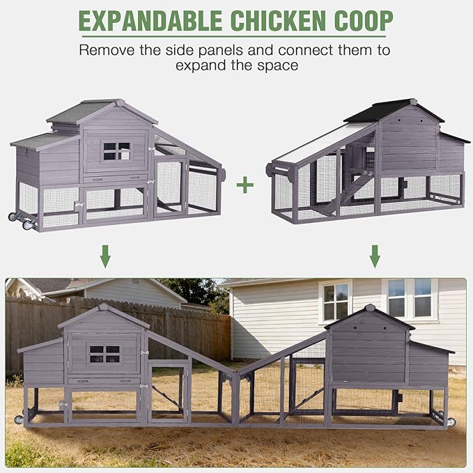Mobile Chicken Coop with Run, Large Outdoor Wooden Poultry Cage Hen House with Wheels, Nesting Box, Pull-Out Tray, Waterproof Roof, Grey, 72.3" L x 26" W x 39.4" H, for 3-5 Chickens
