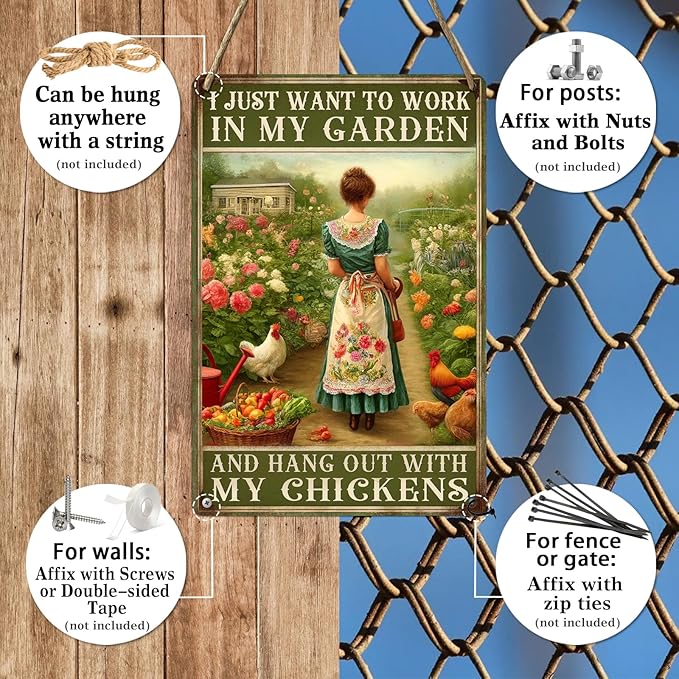 I Just Want to Work in My Garden and Hang Out With My Chickens Metal Tin Sign Outdoor Metal Gardening Girl Poster Vintage Farmhouse Decor Wall Art Home Garden and Chicken Lover Sign 8x12 Inch