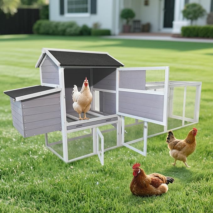 113" Large Chicken Coop with Run, Outdoor Wooden Hen Duck House with Nesting Box, Waterproof Asphalt Roof and Pull-Out Tray, Poultry Bunny Quail Cage Rabbit Hutch with Ventilated Window, Gray